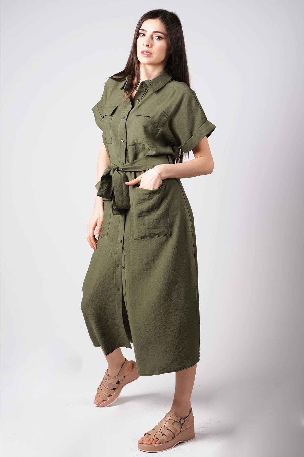 MIOROPA Haki Renk Cepli Gömlek Elbise