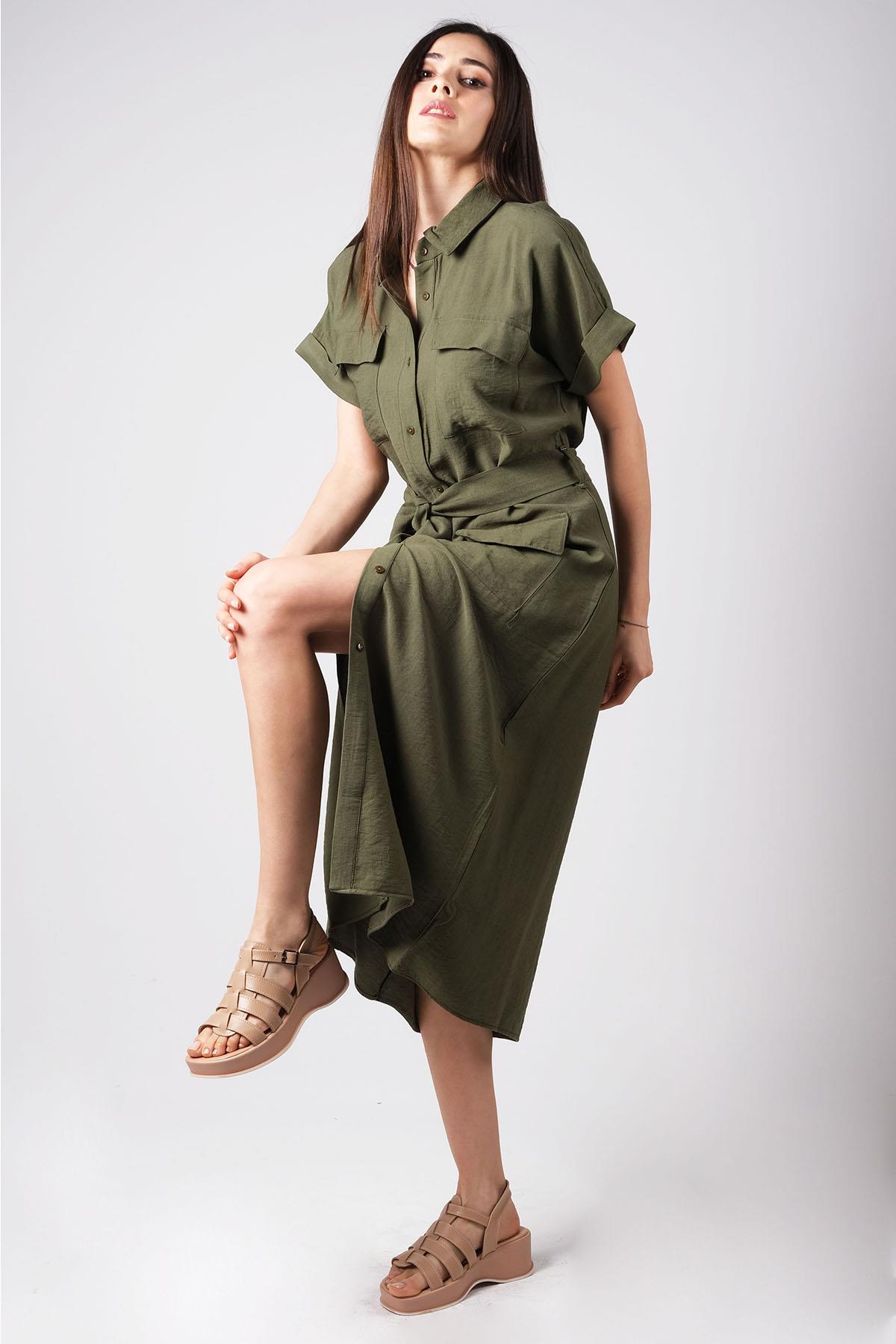 MIOROPA Haki Renk Cepli Gömlek Elbise