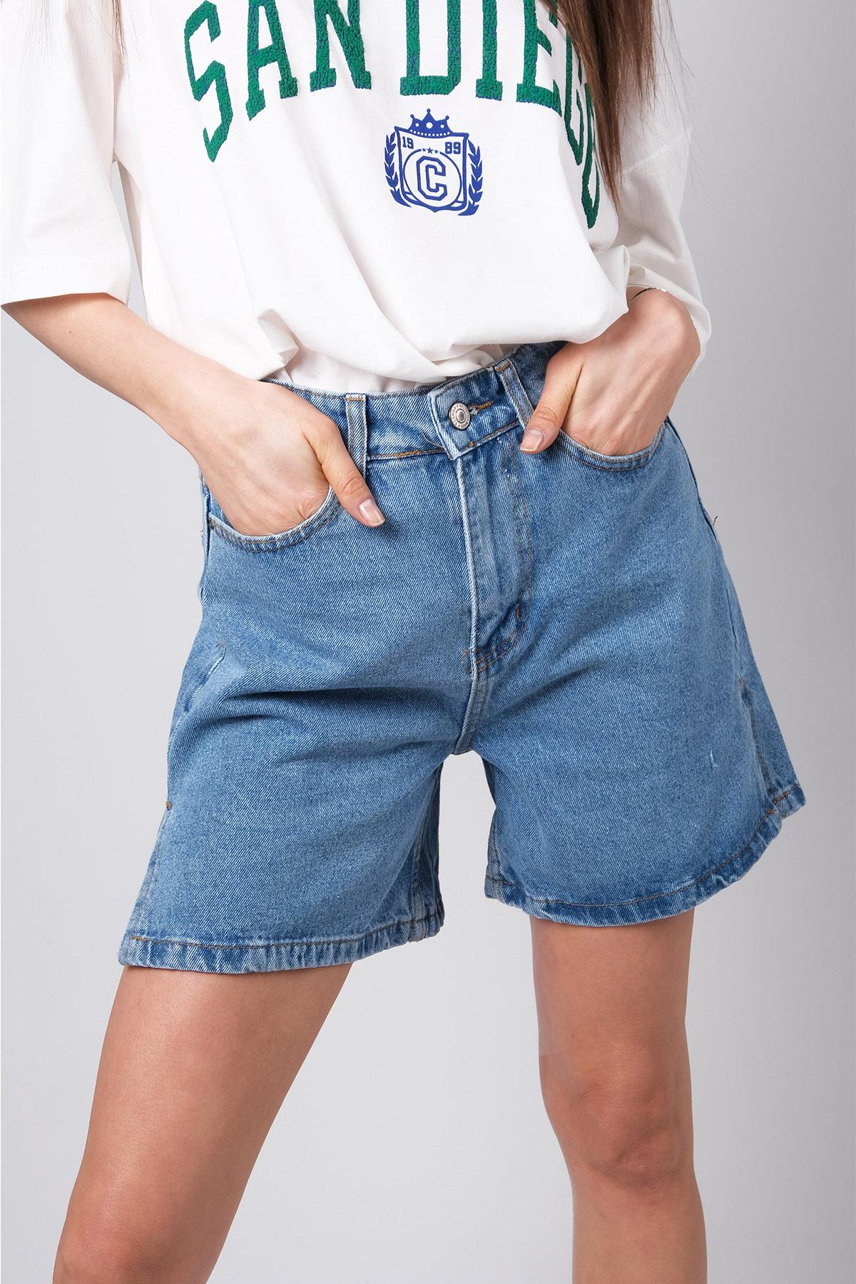 MIOROPA Mavi Yüksek Bel Yandan Yırtmaçlı Kot Şort 