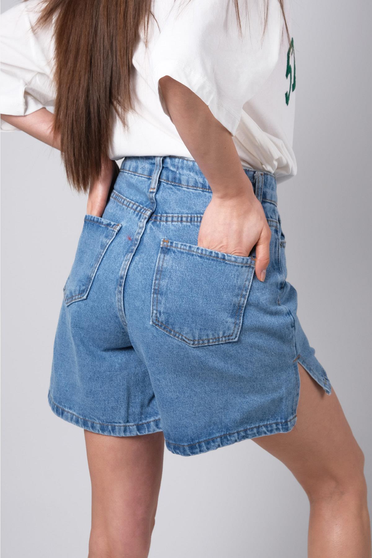 MIOROPA Mavi Yüksek Bel Yandan Yırtmaçlı Kot Şort 