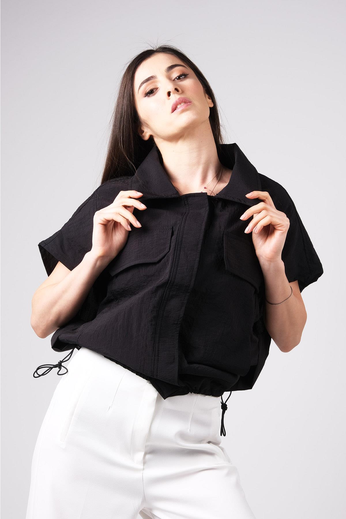 MIOROPA Siyah Renk Cep Detaylı Kumaş Paraşüt Yelek