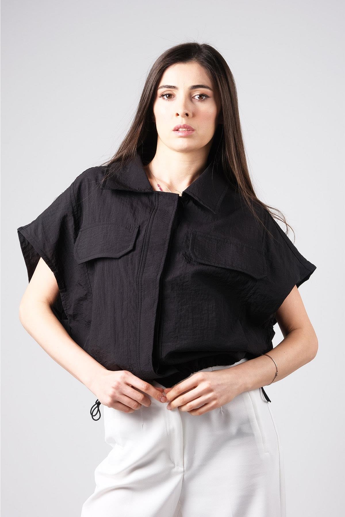 MIOROPA Siyah Renk Cep Detaylı Kumaş Paraşüt Yelek