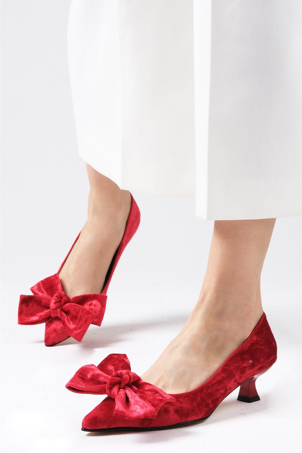Molly Kırmızı Renk Kadife Topuklu Ayakkabı