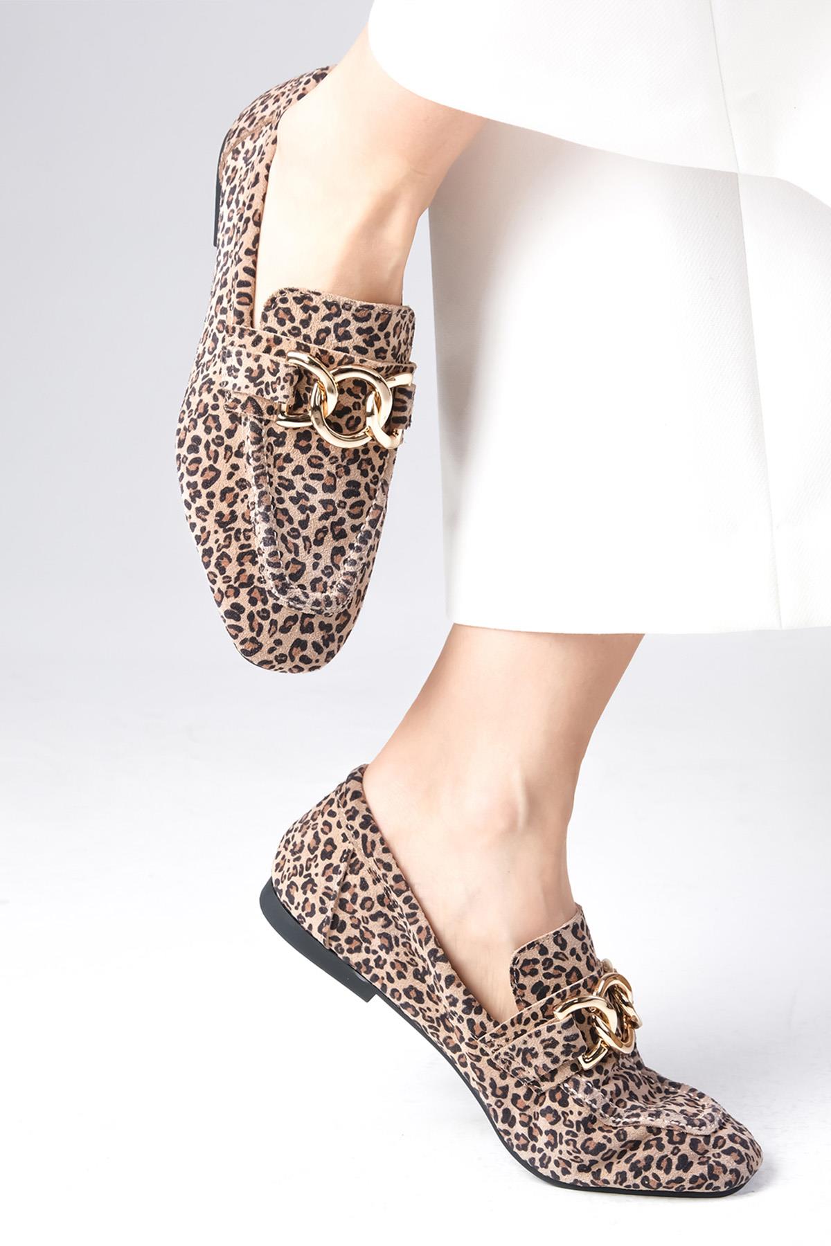 Myrcella Hakiki Deri Bej Renk Leopar Desenli Loafer