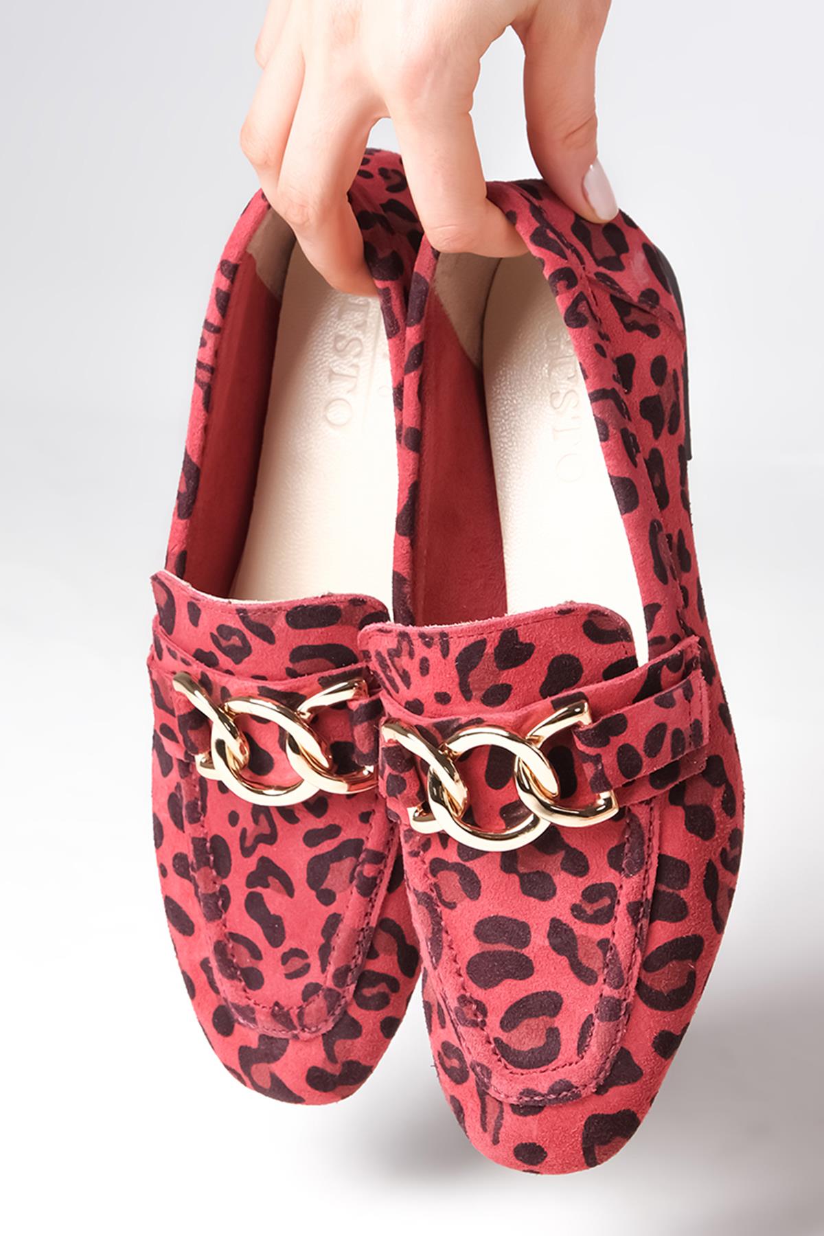 Myrcella Hakiki Süet Fuşya Renk Leopar Desenli Loafer