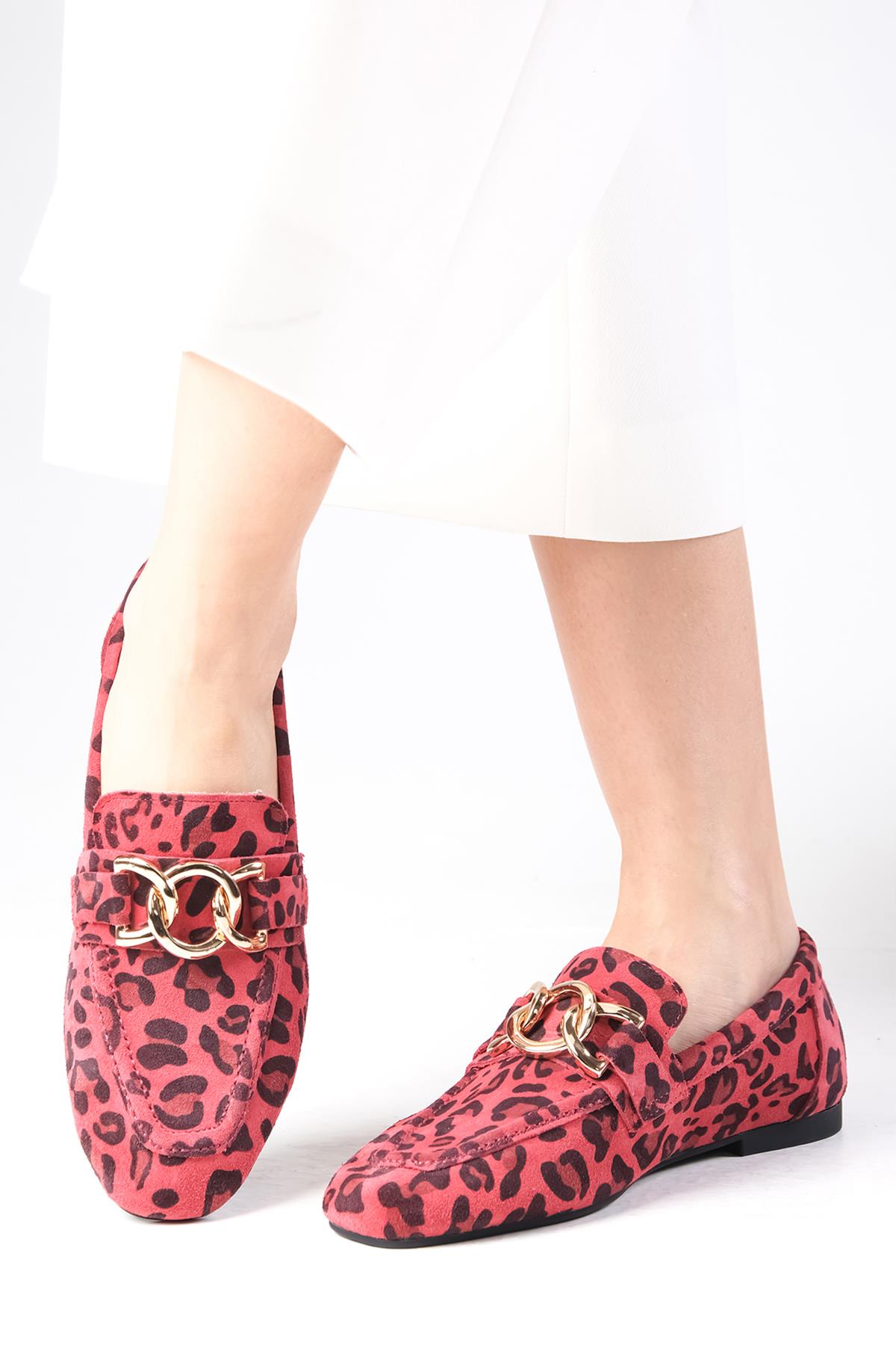 Myrcella Hakiki Süet Fuşya Renk Leopar Desenli Loafer