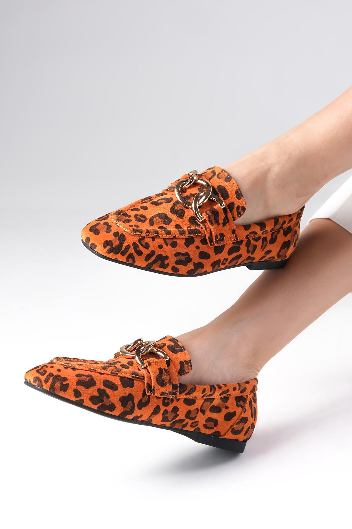 Myrcella Hakiki Süet Turuncu Renk Leopar Desenli Loafer