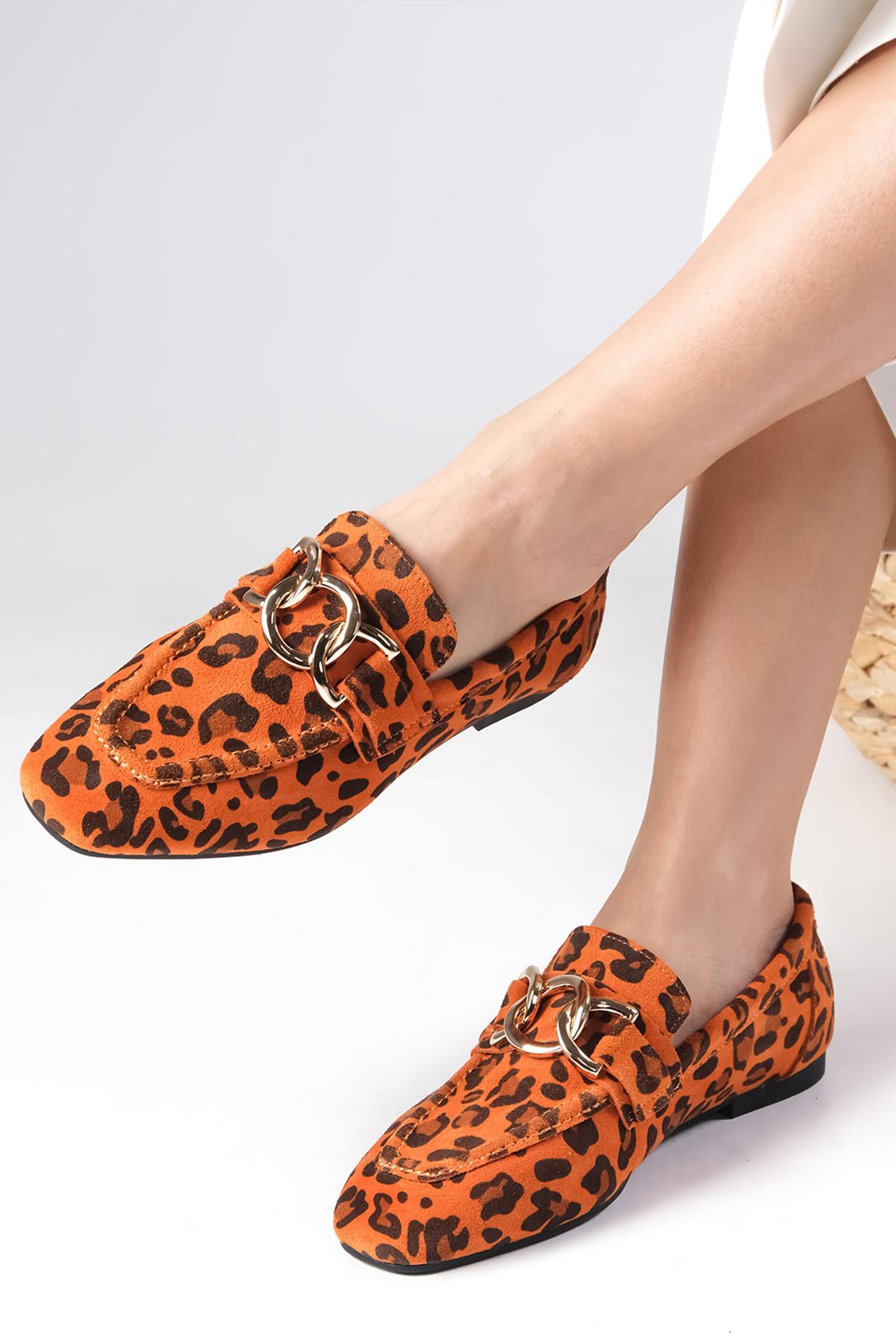 Myrcella Hakiki Süet Turuncu Renk Leopar Desenli Loafer