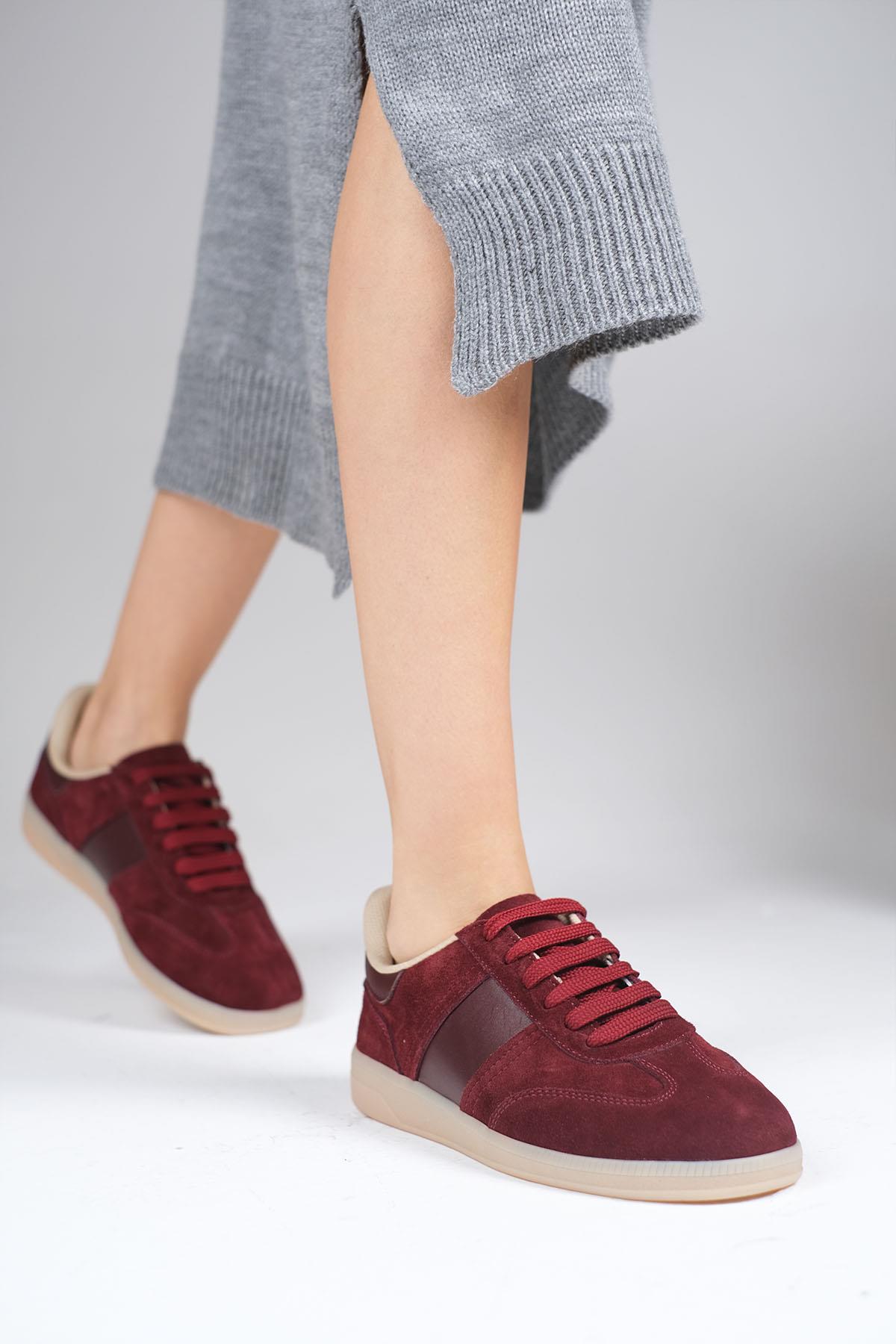 Nicole Hakiki Süet Bordo Renk Spor Ayakkabı