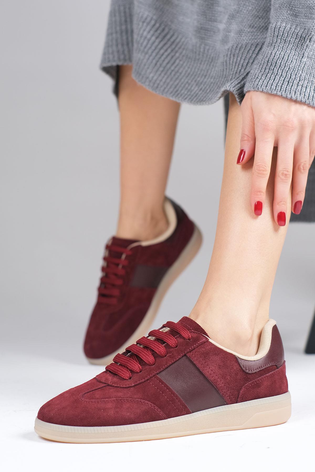 Nicole Hakiki Süet Bordo Renk Spor Ayakkabı