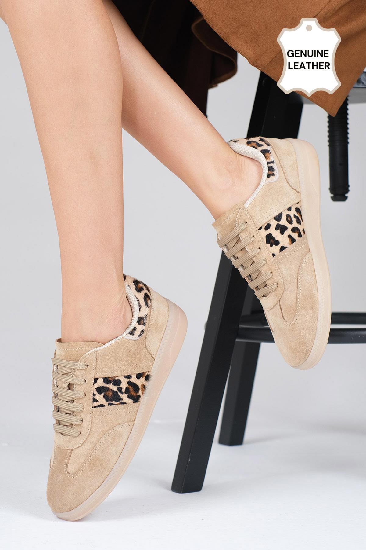 Nicole Hakiki Süet Leopar Desenli Spor Ayakkabı