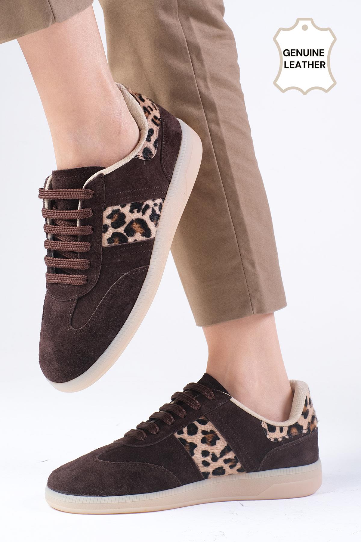 Nicole Hakiki Süet Leopar Garnili Kahverengi Spor Ayakkabı