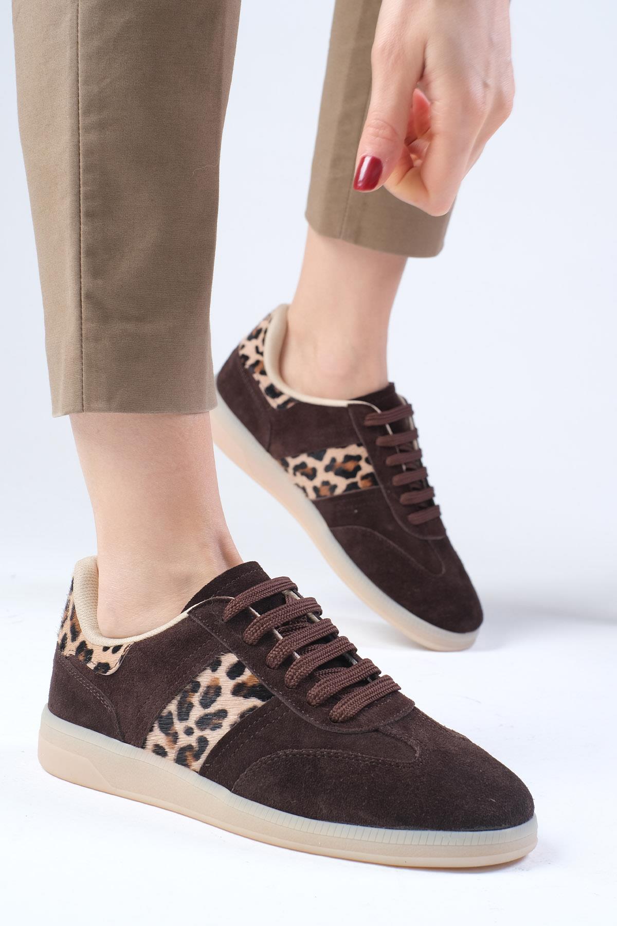 Nicole Hakiki Süet Leopar Garnili Kahverengi Spor Ayakkabı
