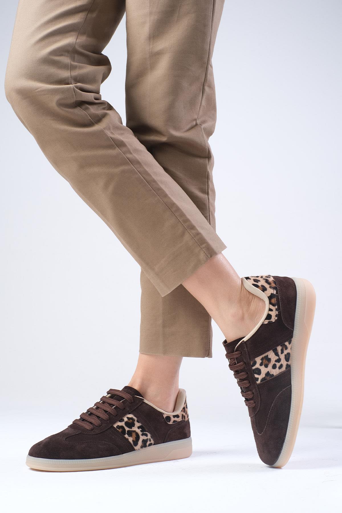 Nicole Hakiki Süet Leopar Garnili Kahverengi Spor Ayakkabı