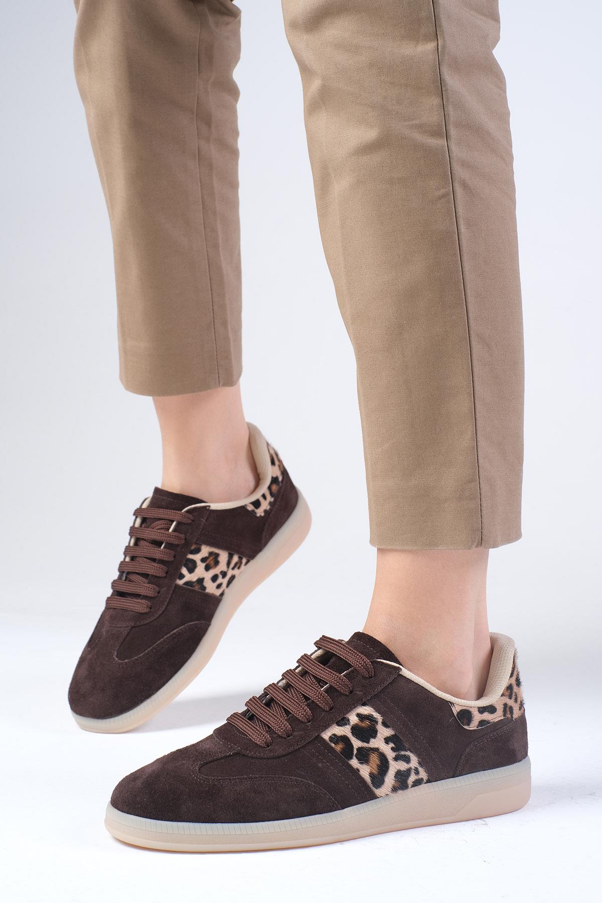 Nicole Hakiki Süet Leopar Garnili Kahverengi Spor Ayakkabı