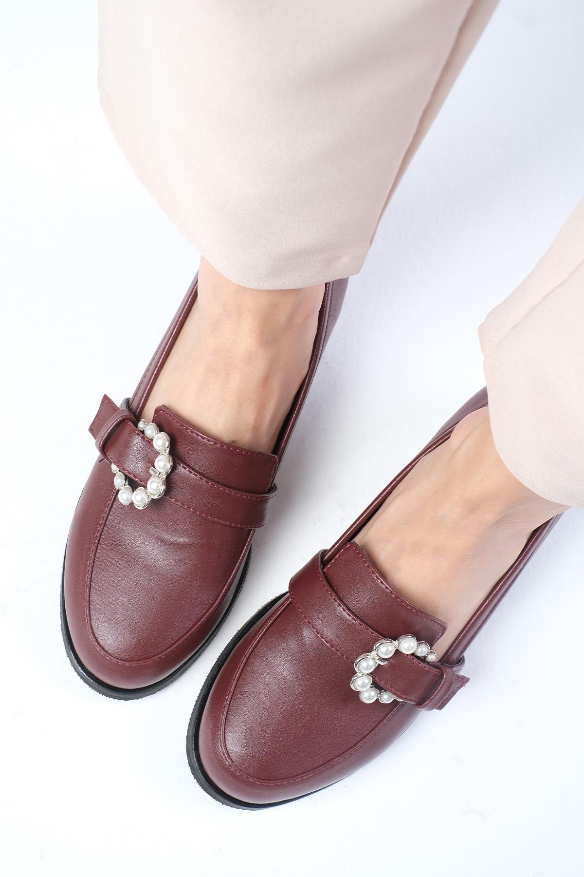 Odila Bordo Renk İnci Tokalı Oxford Ayakkabı