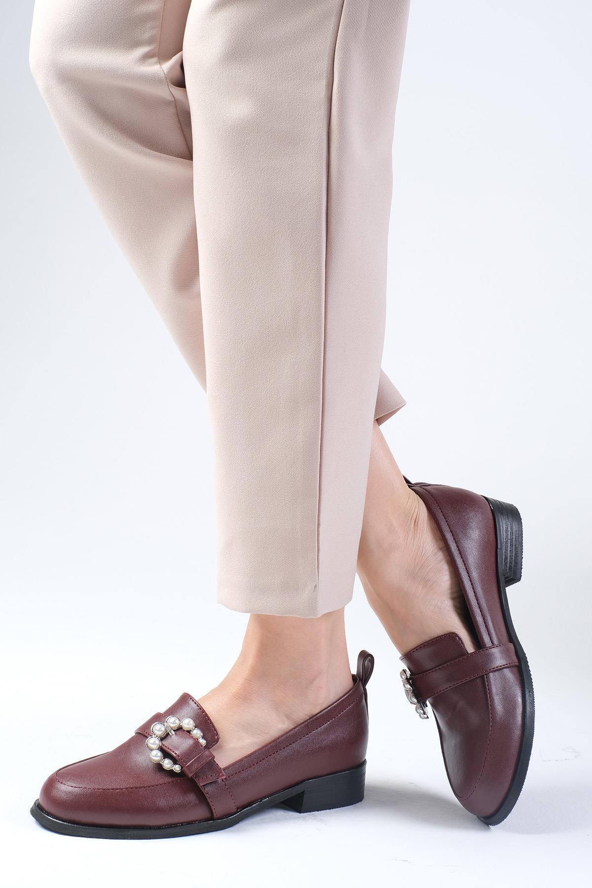Odila Bordo Renk İnci Tokalı Oxford Ayakkabı