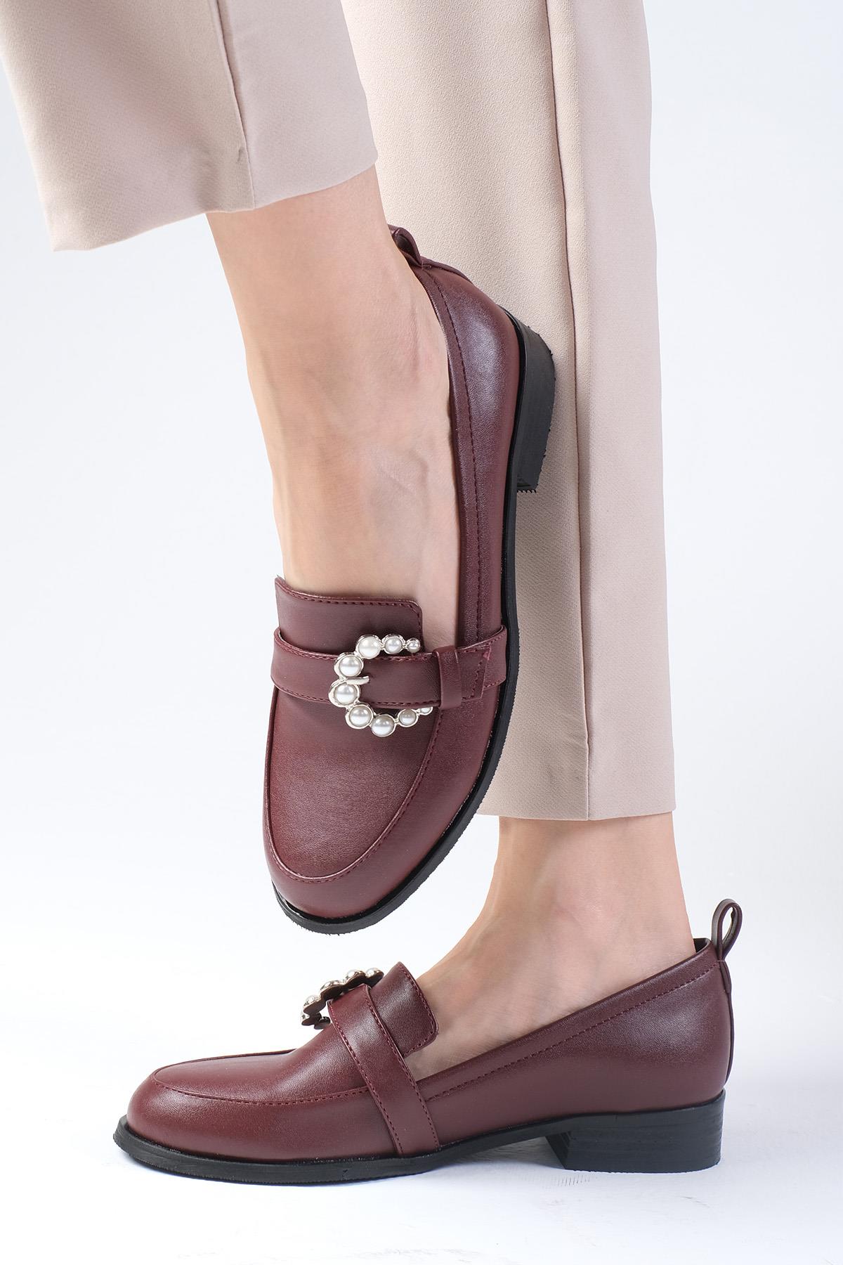 Odila Bordo Renk İnci Tokalı Oxford Ayakkabı