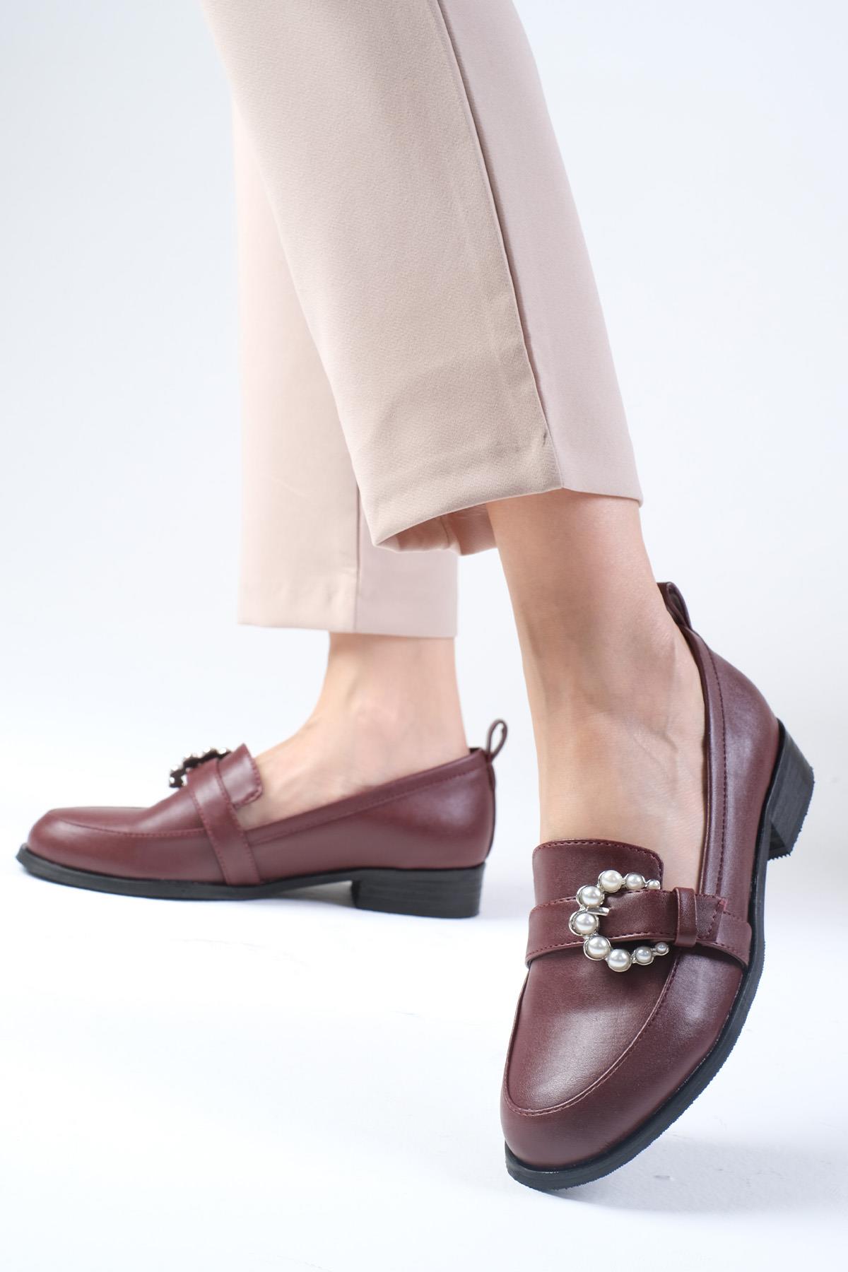 Odila Bordo Renk İnci Tokalı Oxford Ayakkabı