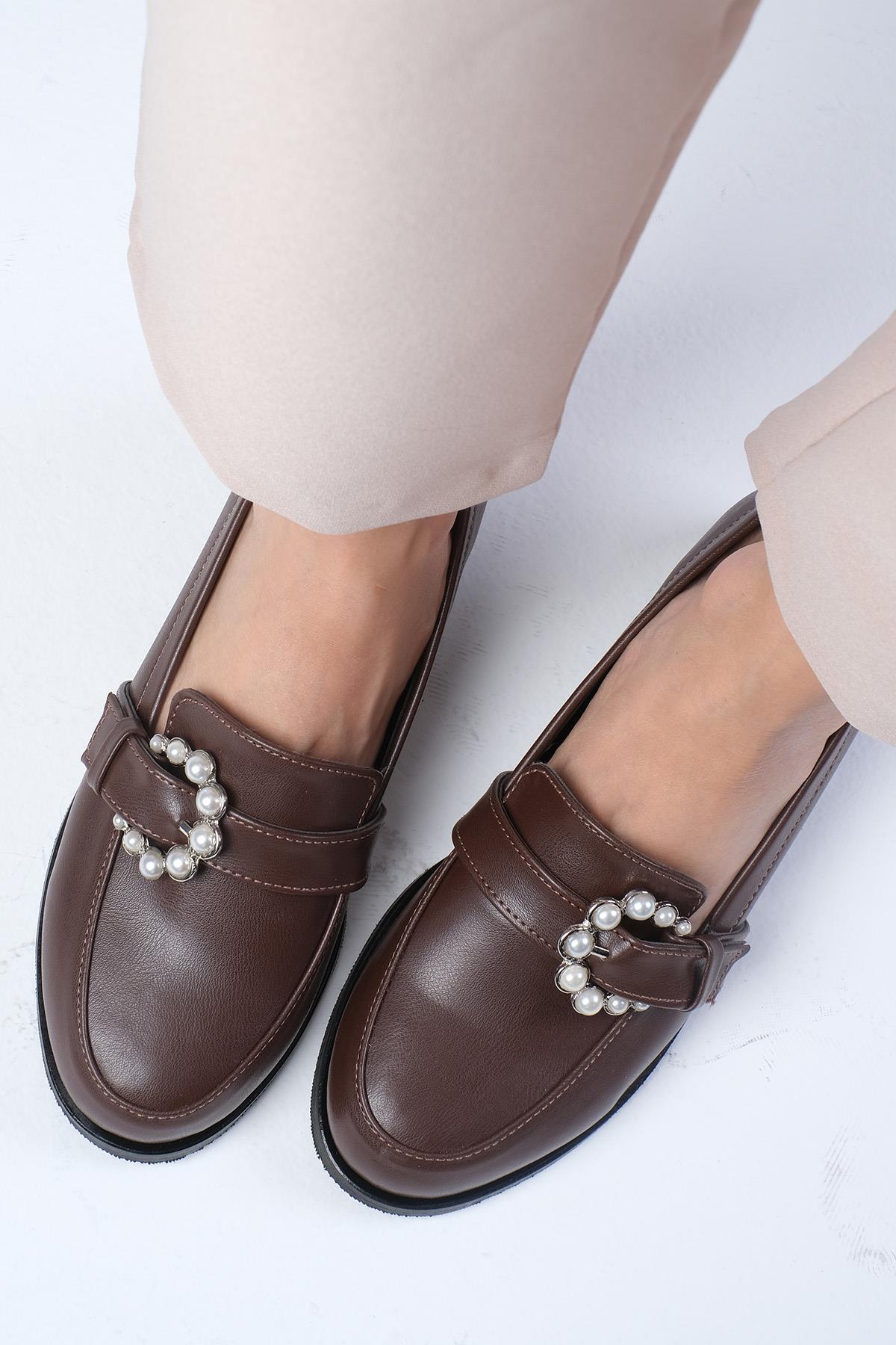Odila Kahverengi İnci Tokalı Oxford Ayakkabı