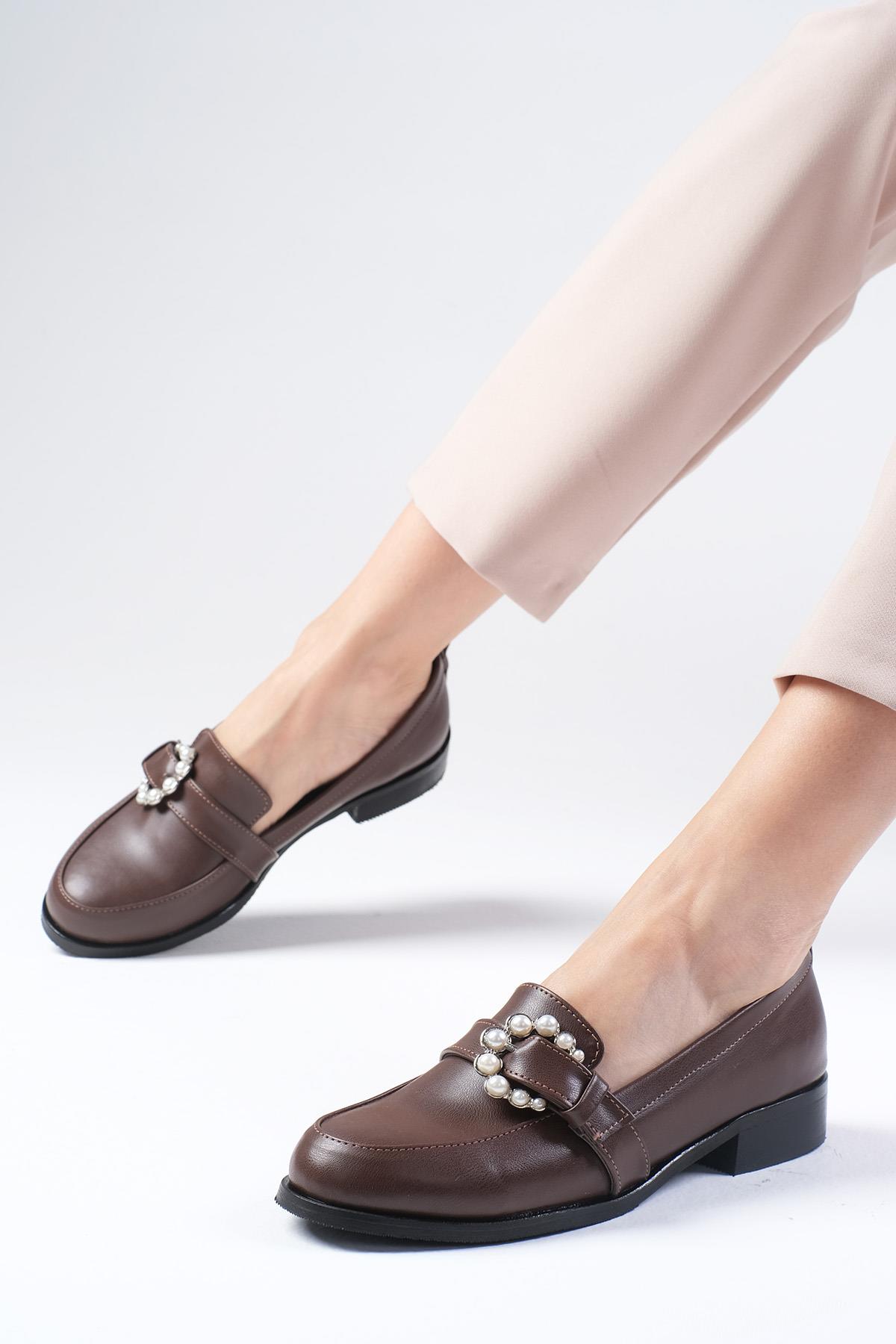 Odila Kahverengi İnci Tokalı Oxford Ayakkabı
