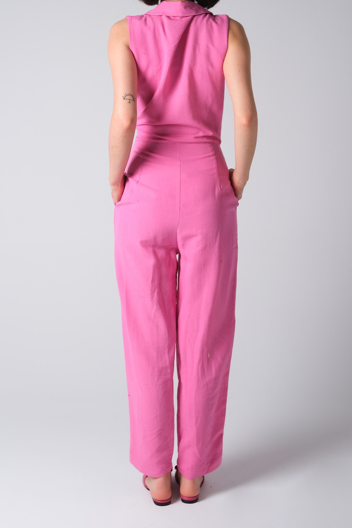 MIOROPA Pembe Sıfır Kol Kruvaze Cepli Kadın Tulum