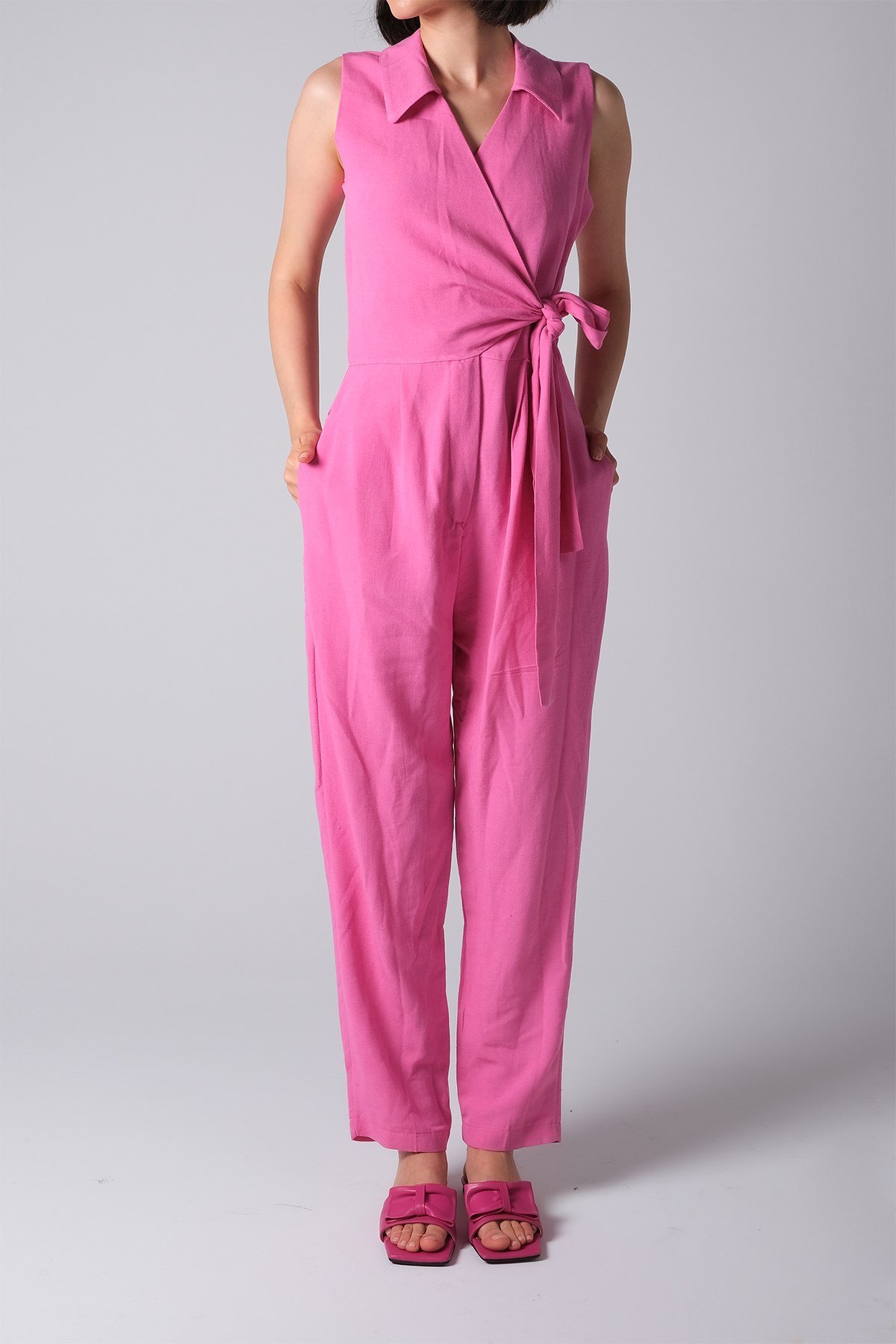 MIOROPA Pembe Sıfır Kol Kruvaze Cepli Kadın Tulum