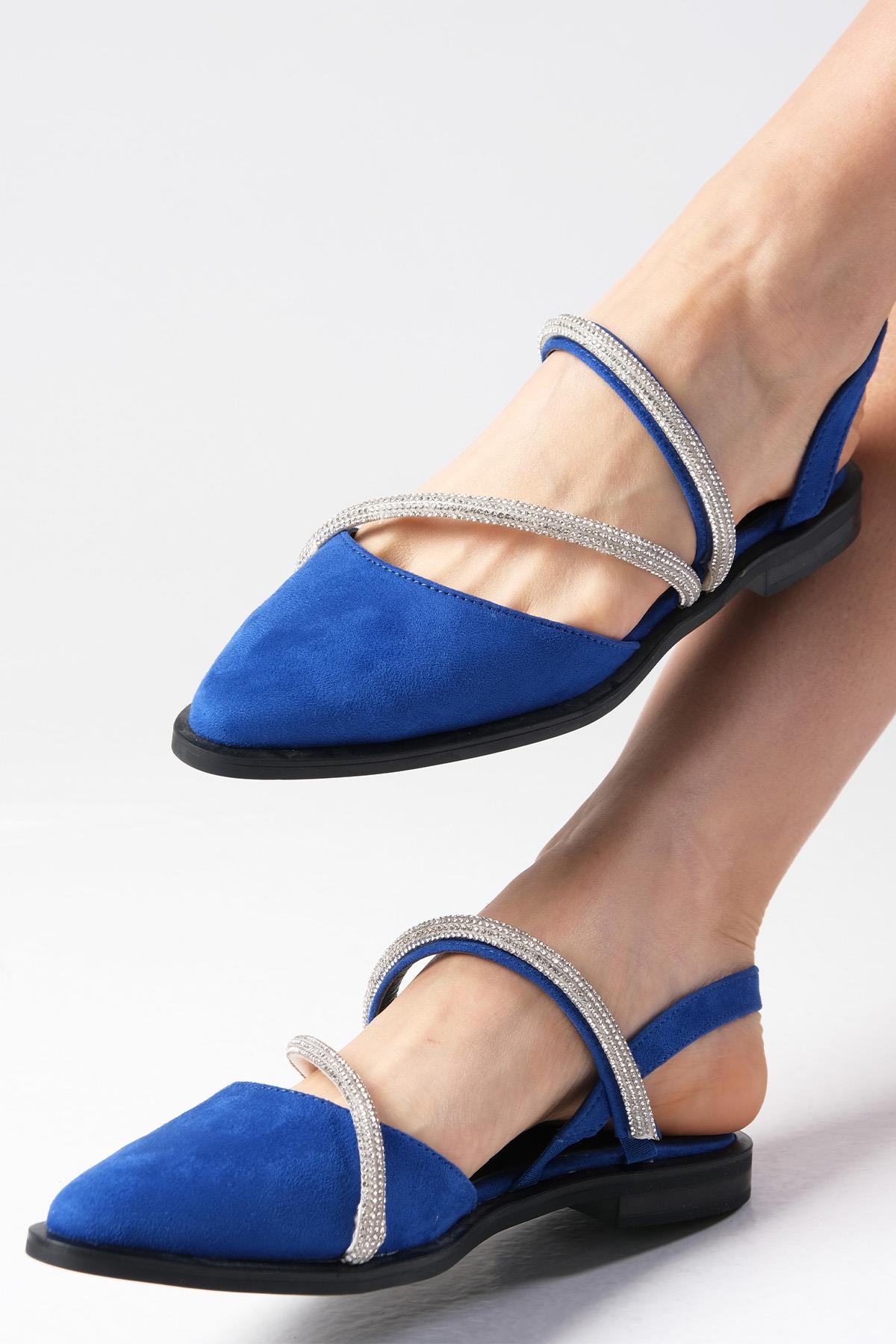 Poppy Saks Mavi Çapraz Taş Atkılı Babet