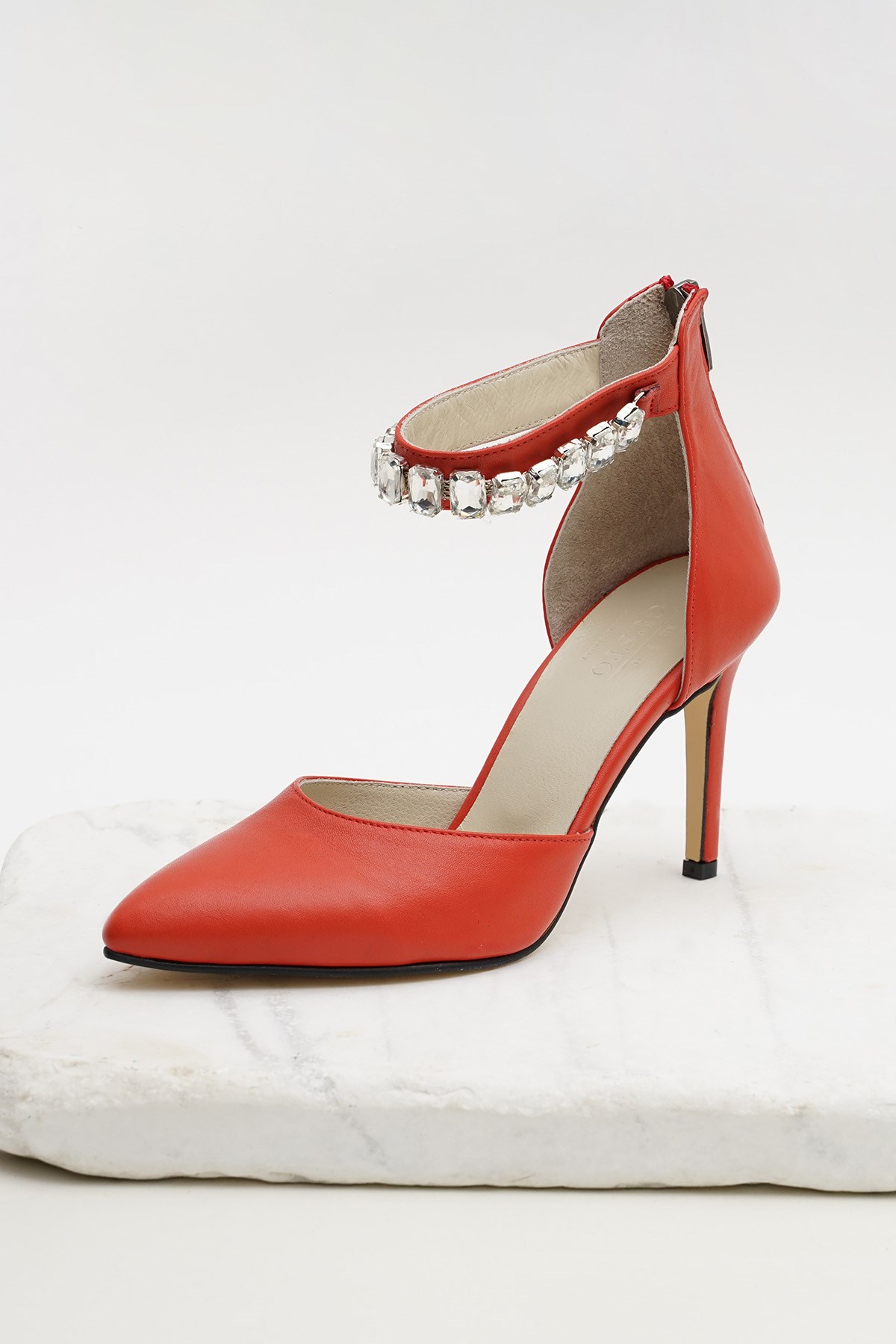 Rosalie Hakiki Deri Nar Çiçeği Rengi Taşlı Abiye Ayakkabı