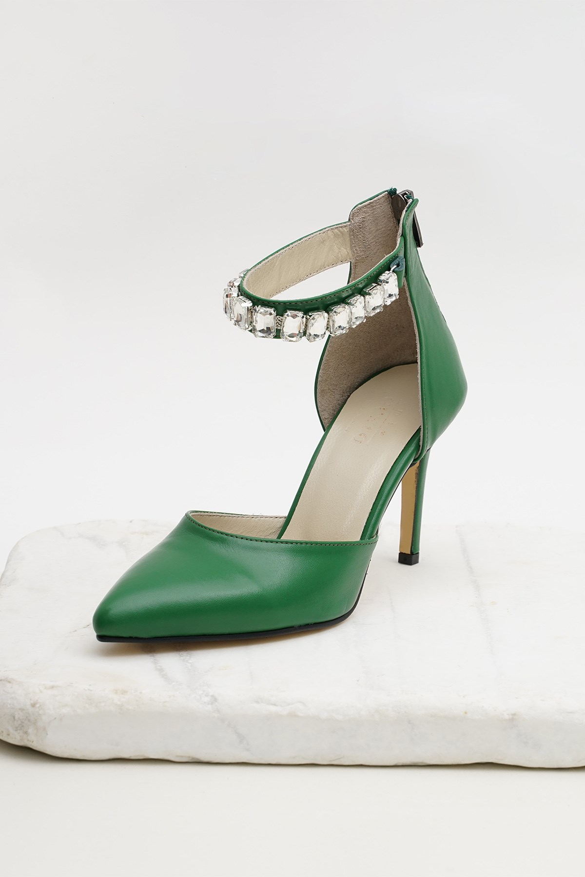 Rosalie Hakiki Deri Yeşil Taşlı Abiye Ayakkabı
