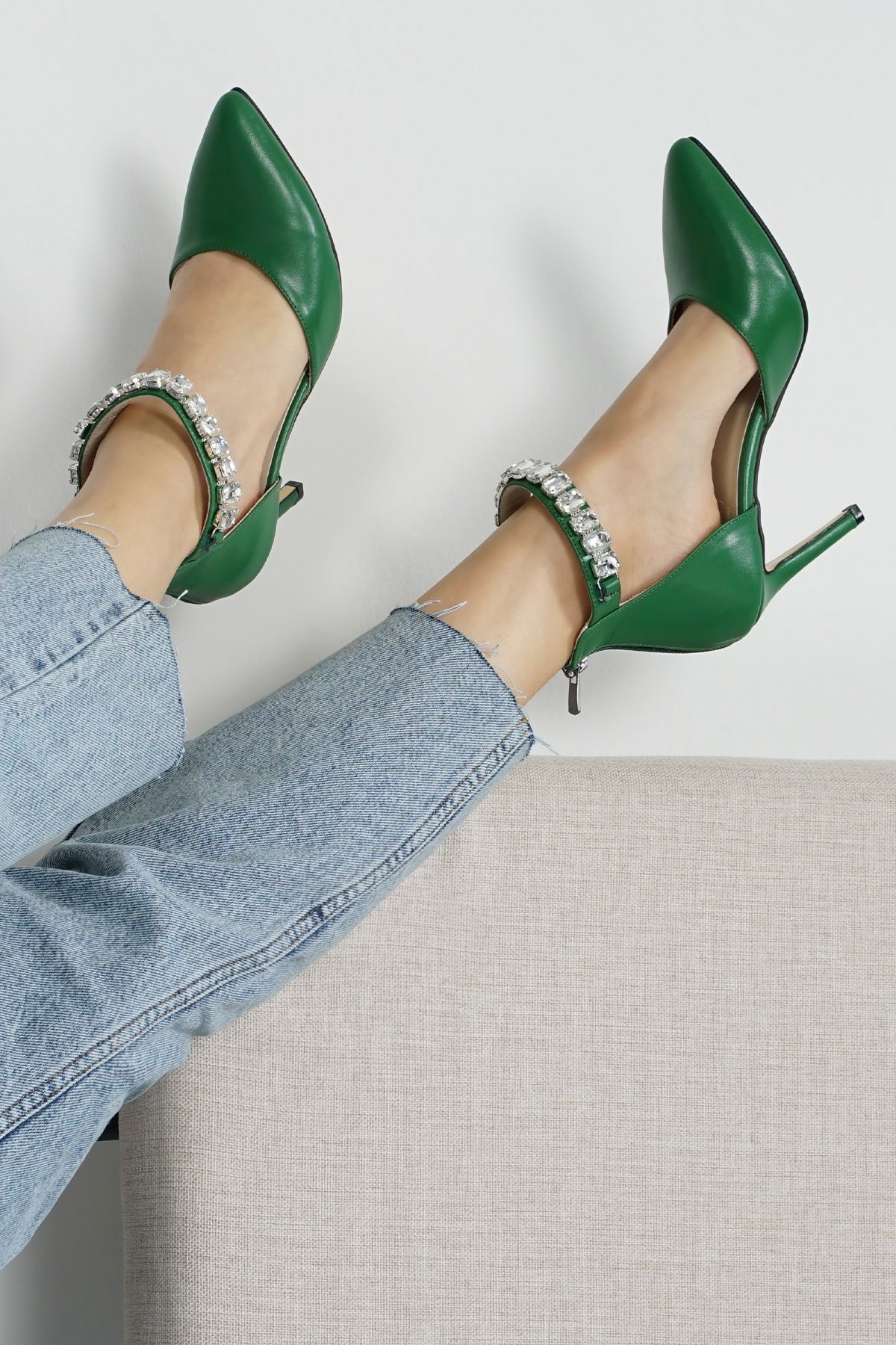 Rosalie Hakiki Deri Yeşil Taşlı Abiye Ayakkabı