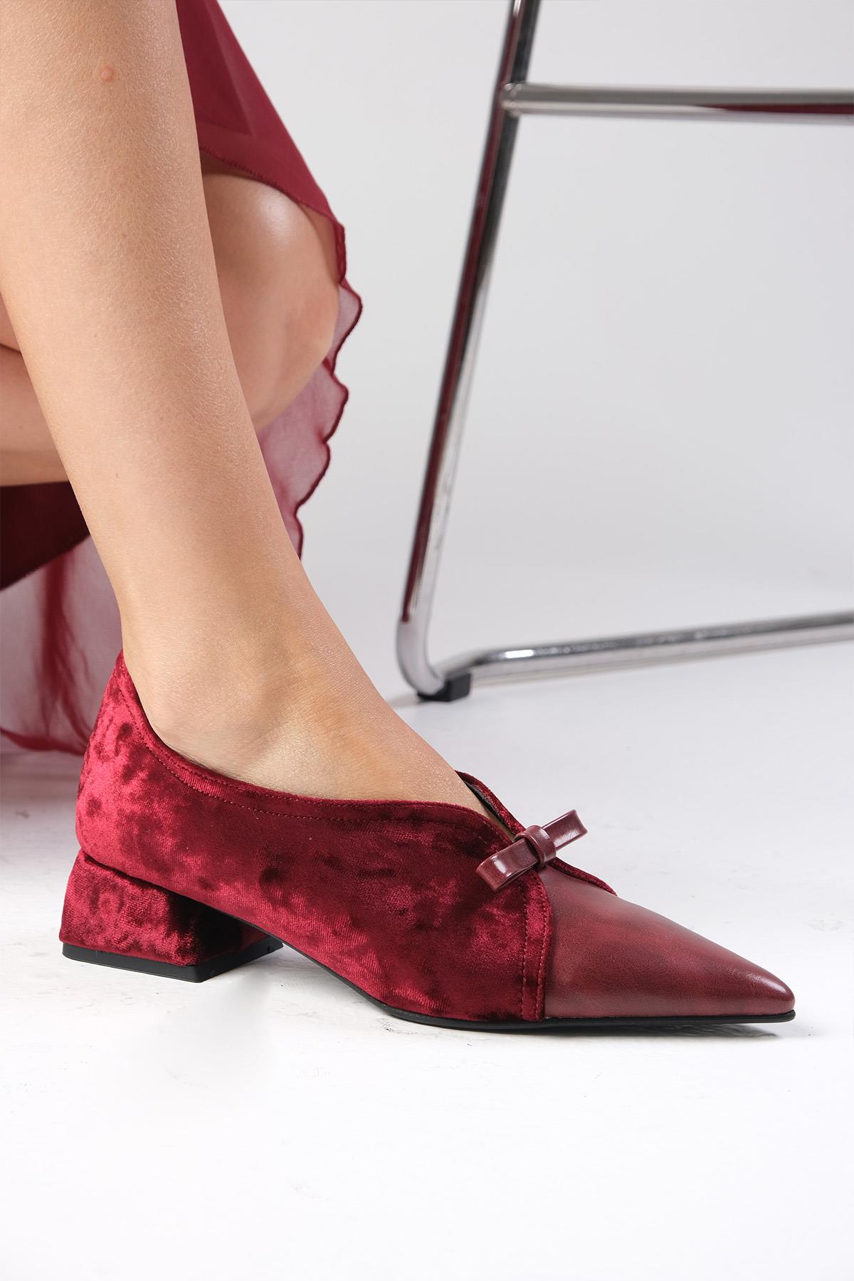 Sabine Bordo Renk Kadife Kısa Topuklu Ayakkabı