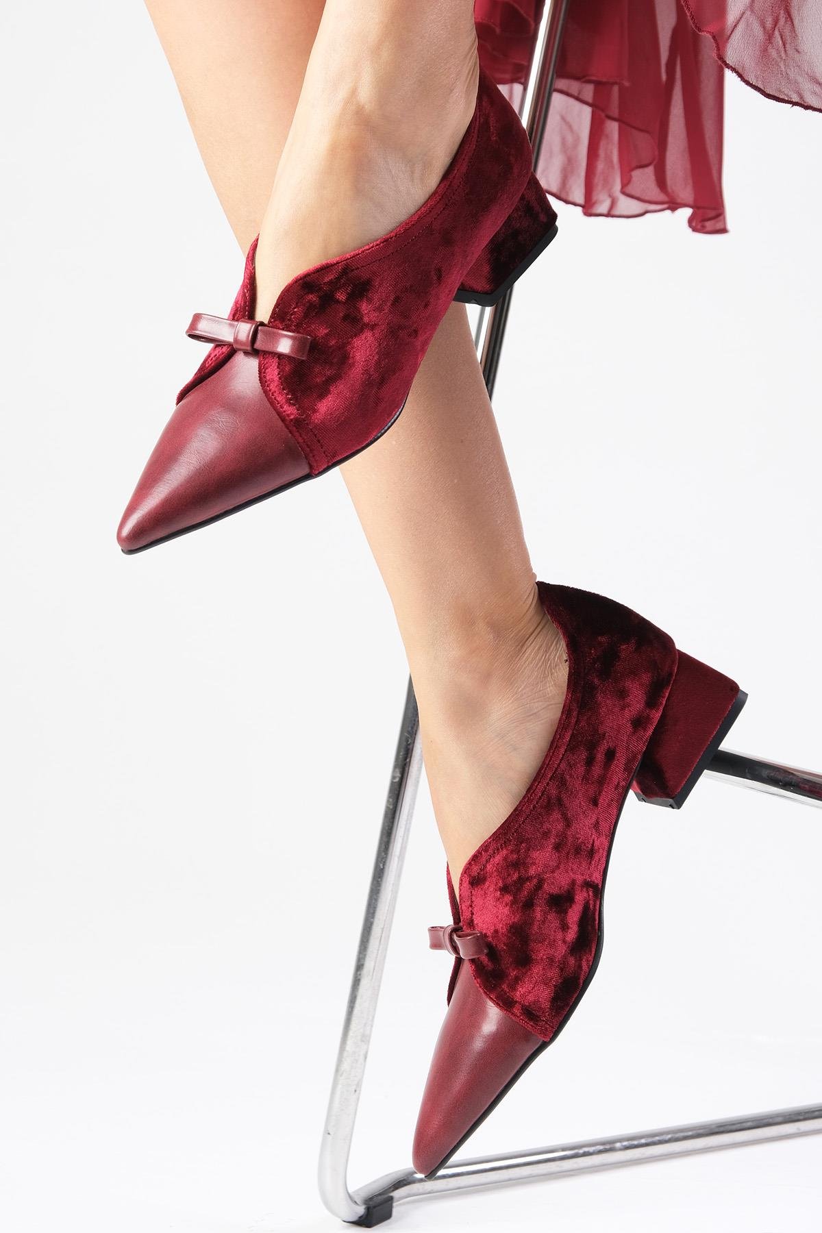 Sabine Bordo Renk Kadife Kısa Topuklu Ayakkabı