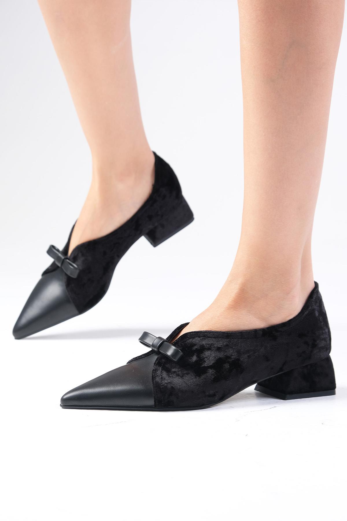 Sabine Siyah Renk Kadife Kısa Topuklu Ayakkabı
