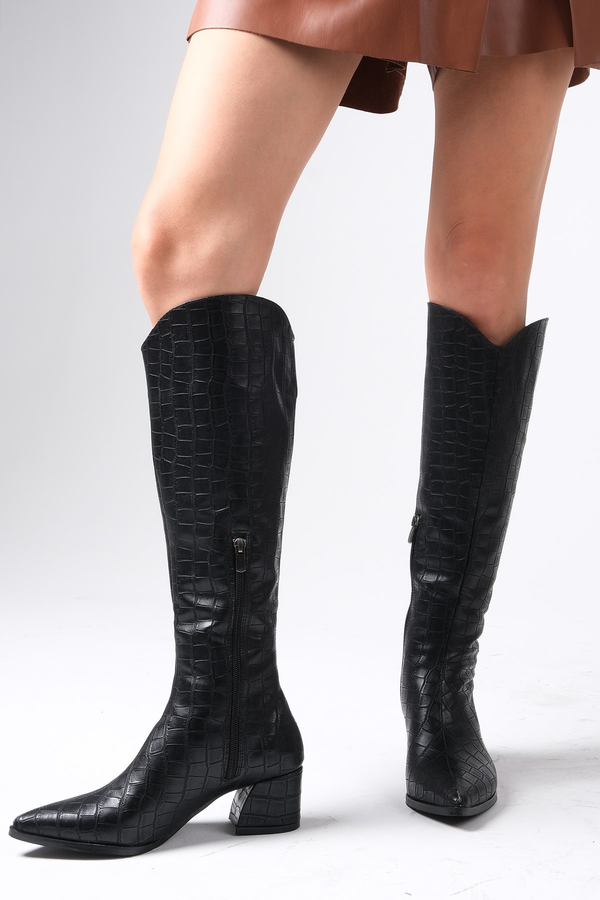 Siena Siyah Renk Krokodil Desenli Topuklu Çizme
