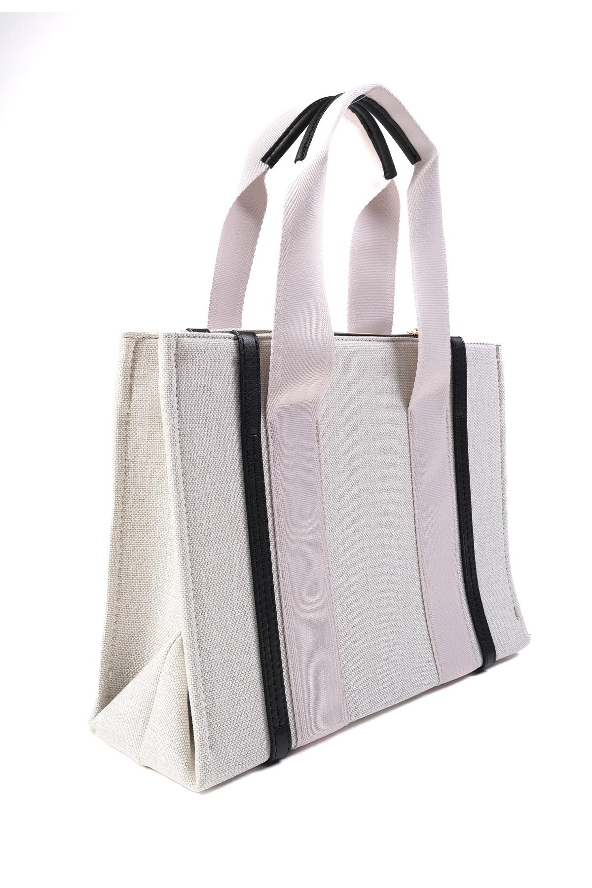 Siyah Biyeli Bej Renk Kanvas El Ve Omuz Çantası