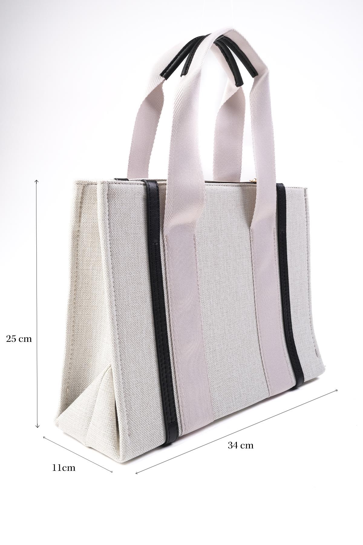 Siyah Biyeli Bej Renk Kanvas El Ve Omuz Çantası