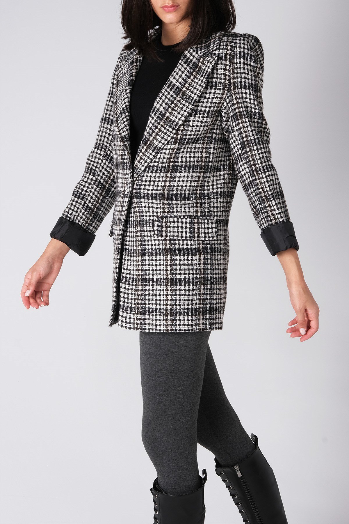MIOROPA Siyah Ekose Vatkalı Tek Düğme Ceket
