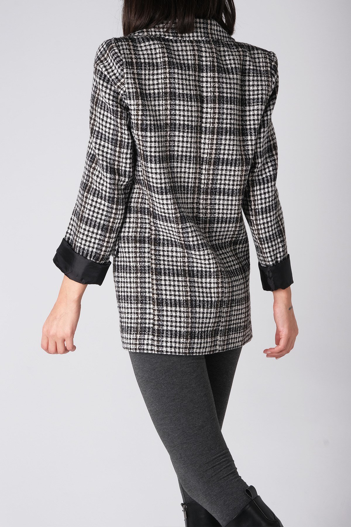 MIOROPA Siyah Ekose Vatkalı Tek Düğme Ceket