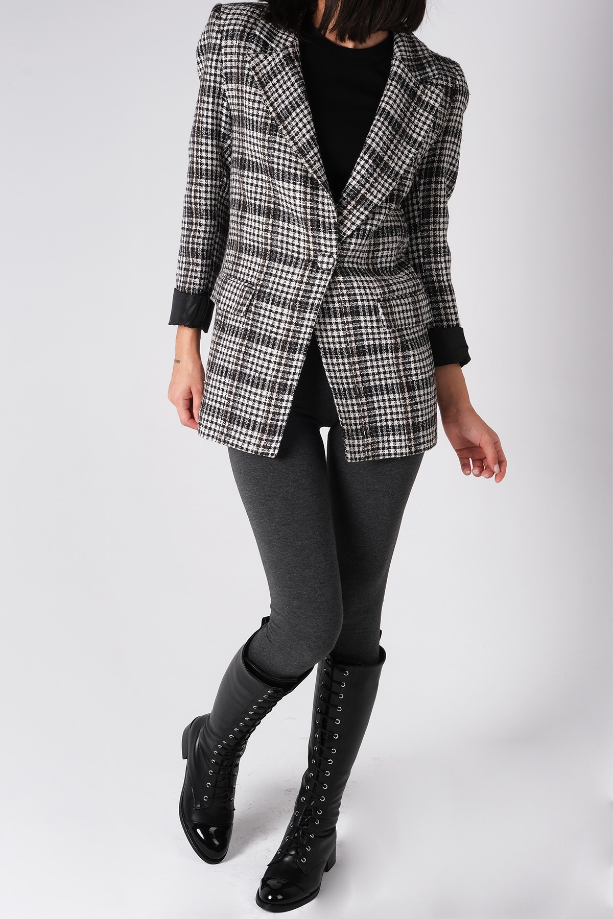 MIOROPA Siyah Ekose Vatkalı Tek Düğme Ceket