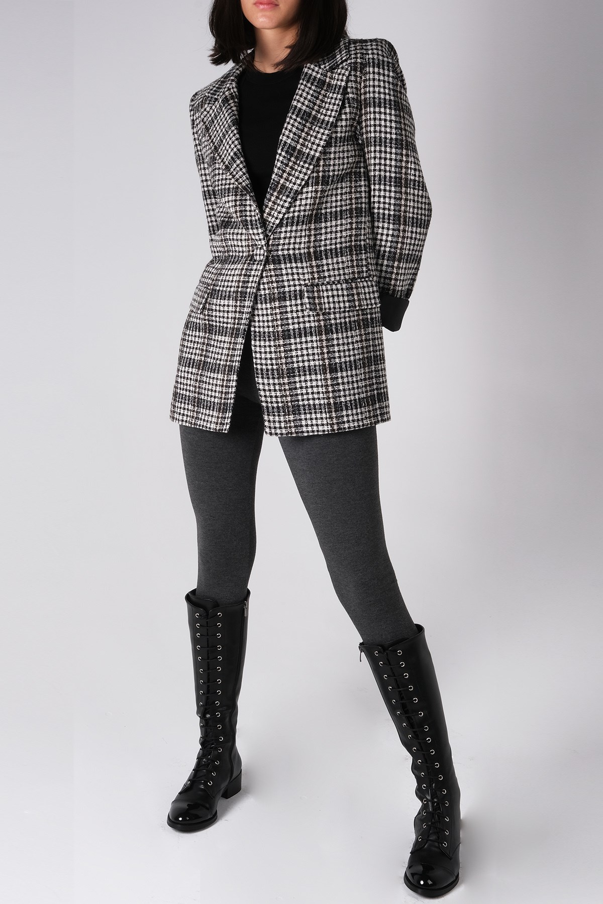 MIOROPA Siyah Ekose Vatkalı Tek Düğme Ceket