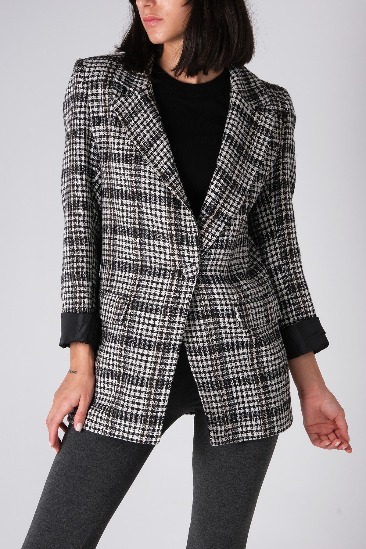 MIOROPA Siyah Ekose Vatkalı Tek Düğme Ceket