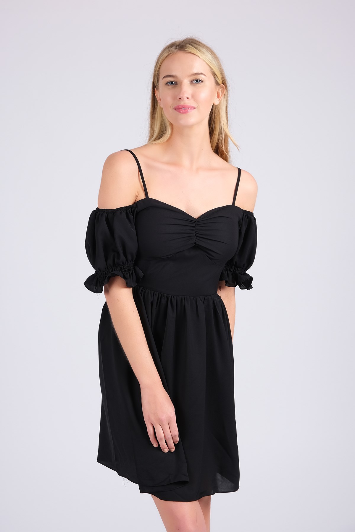 MIOROPA Siyah Renk İp Askılı Kısa Kollu Kadın Elbise