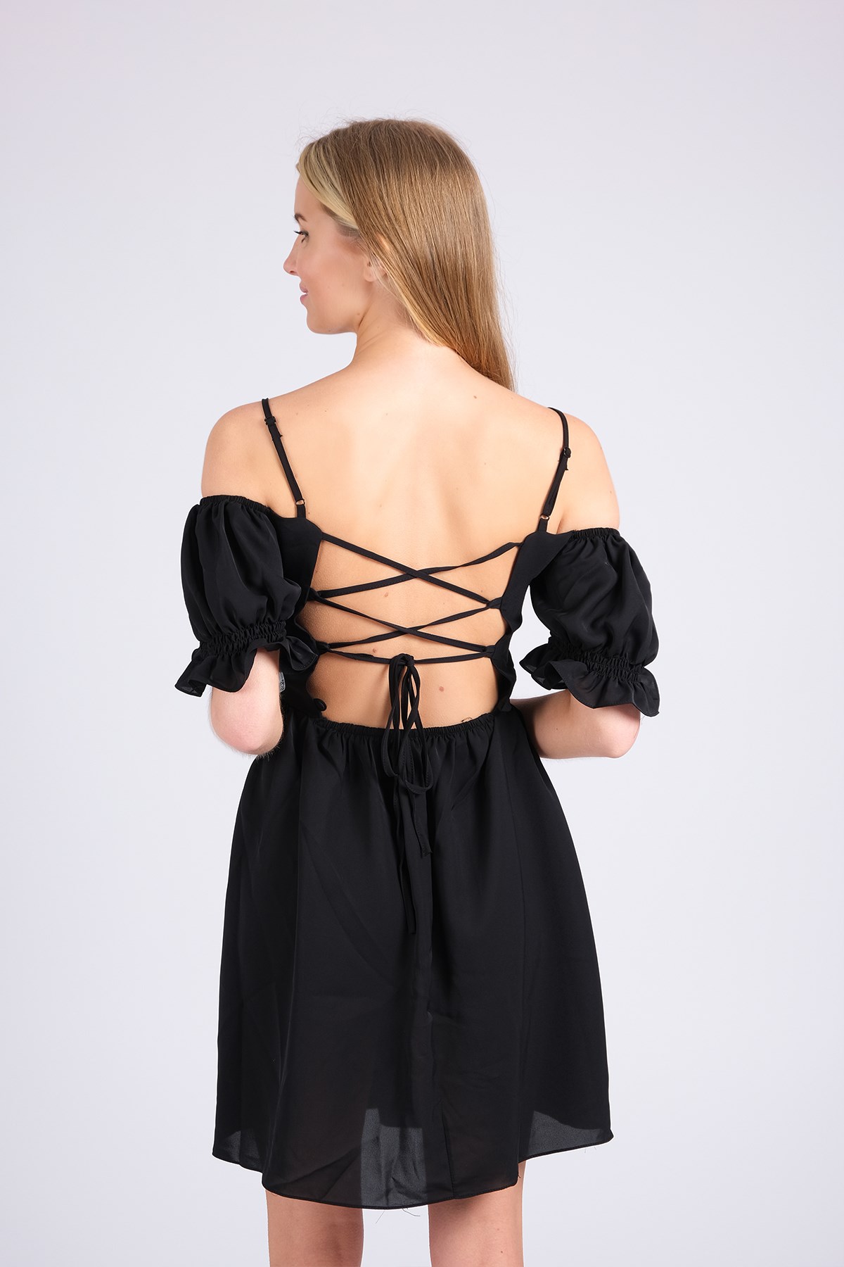 MIOROPA Siyah Renk İp Askılı Kısa Kollu Kadın Elbise