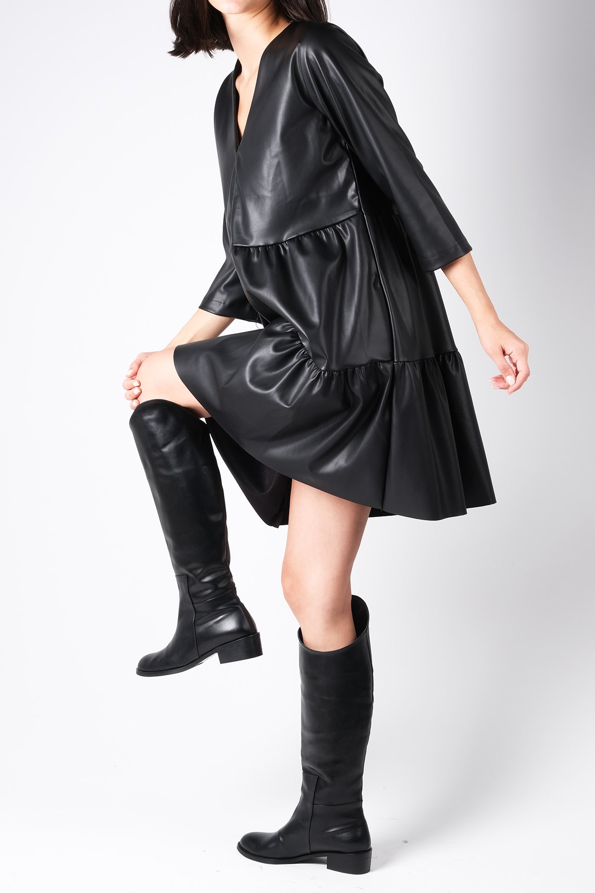 MIOROPA Siyah Renk Kadın Deri Elbise