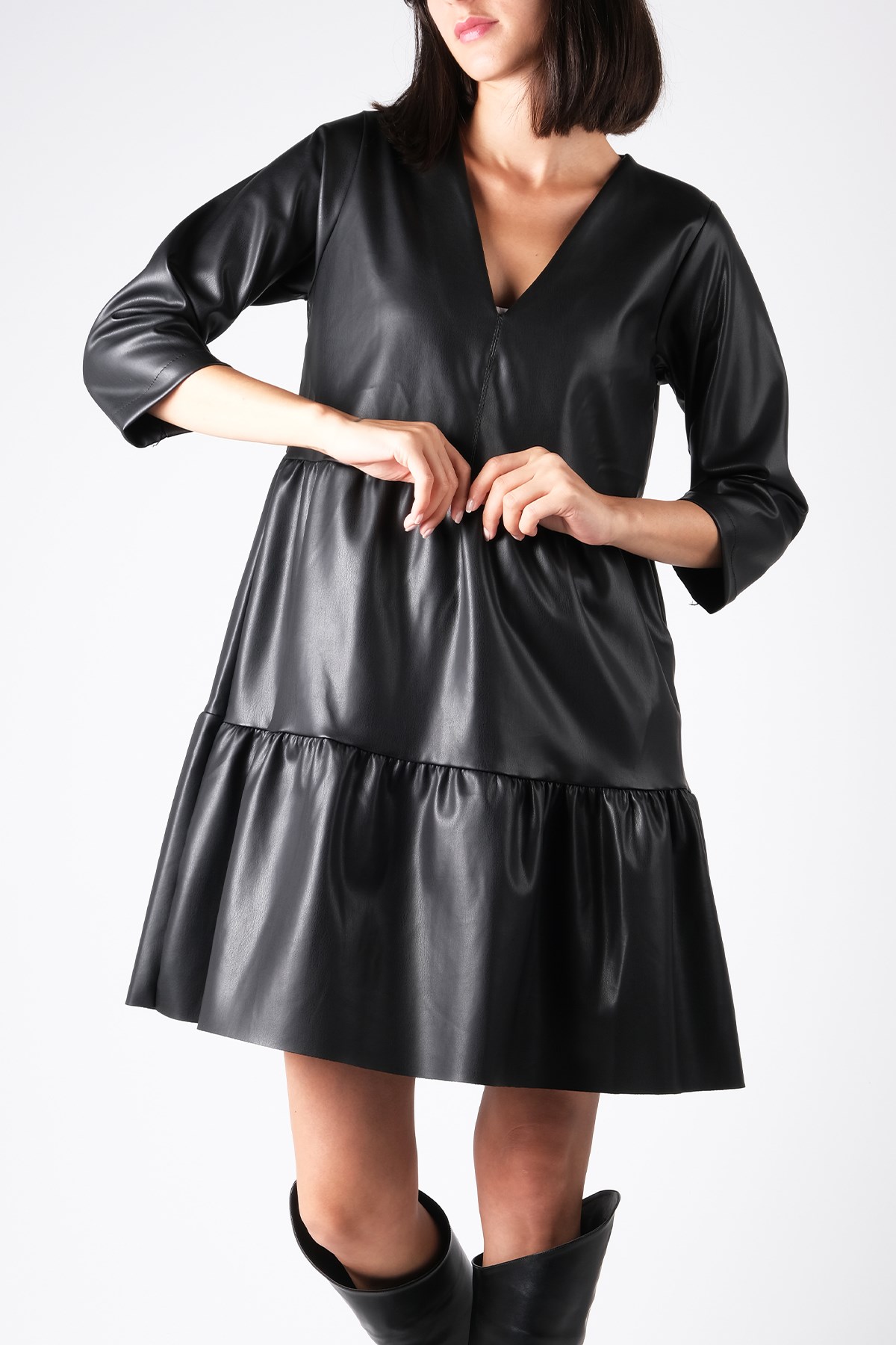 MIOROPA Siyah Renk Kadın Deri Elbise