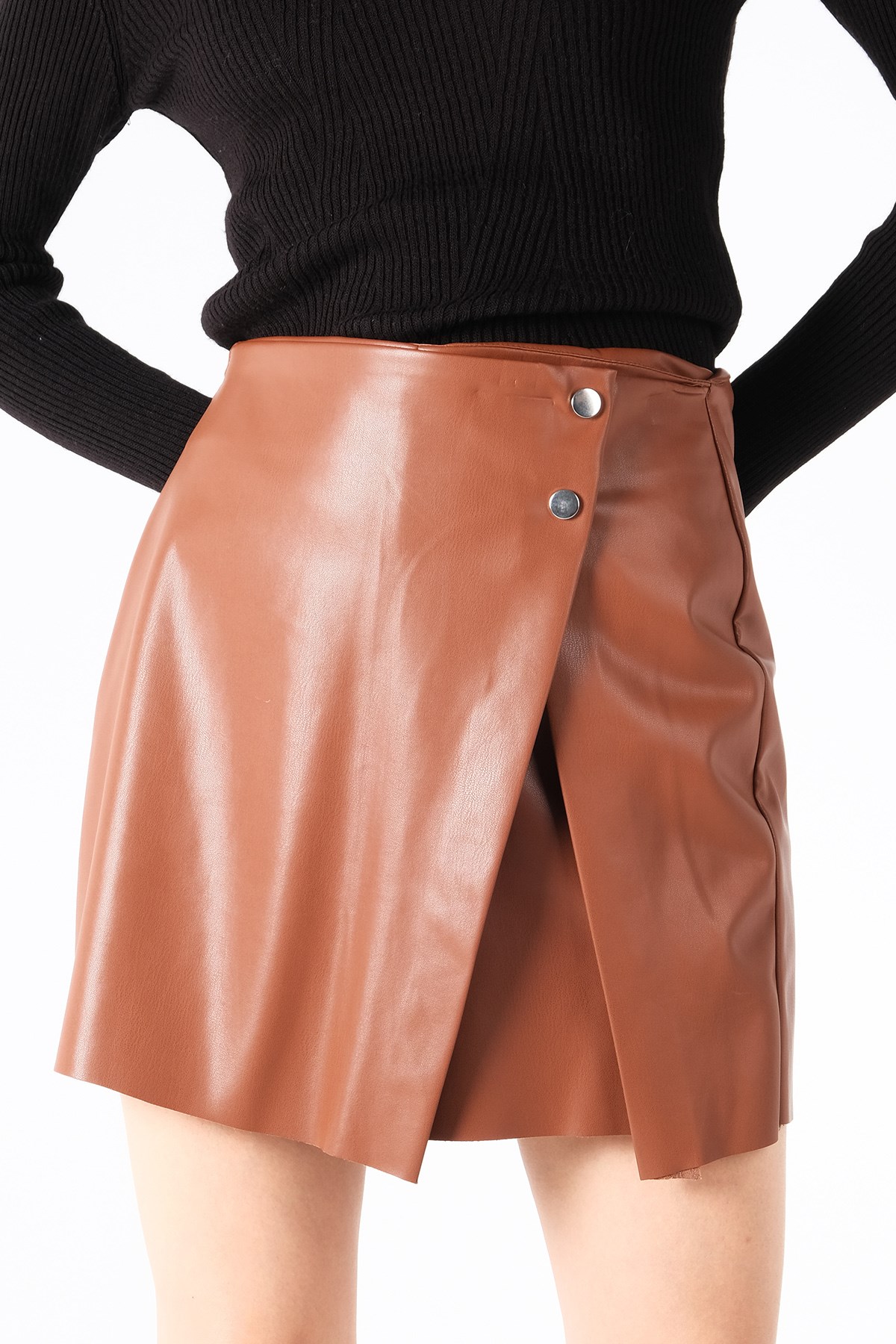 MIOROPA Taba Deri Önden Çıt Çıtlı Şort Etek