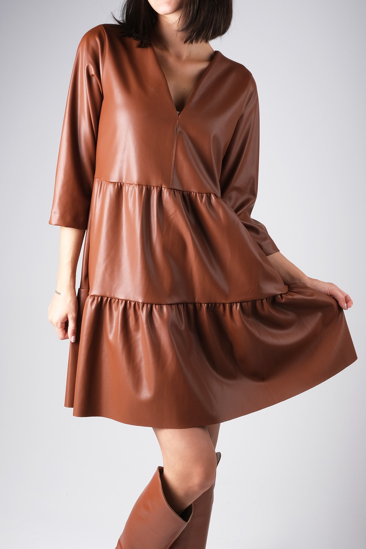 MIOROPA Taba Renk Kadın Deri Elbise