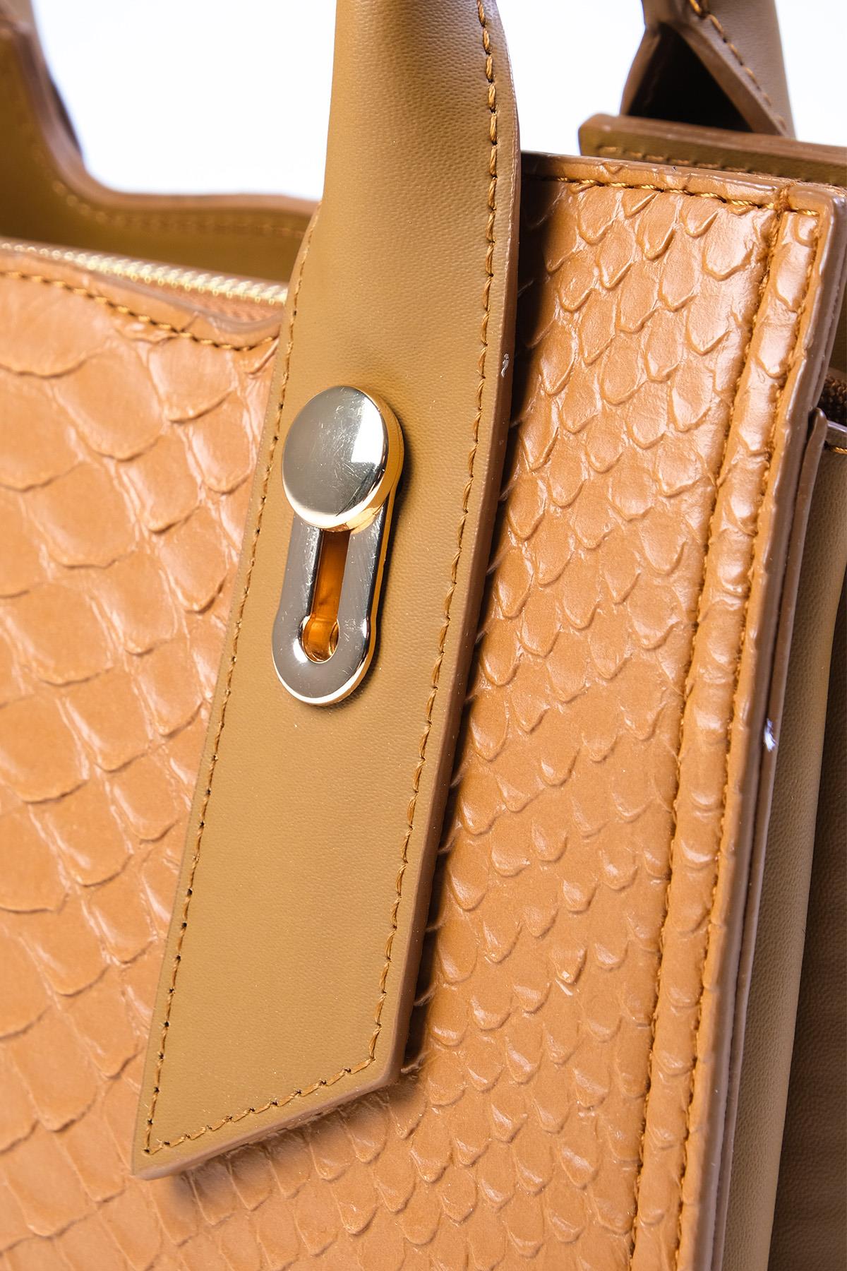 Taba Renk Krokodil Baskılı El Ve Omuz Çantası