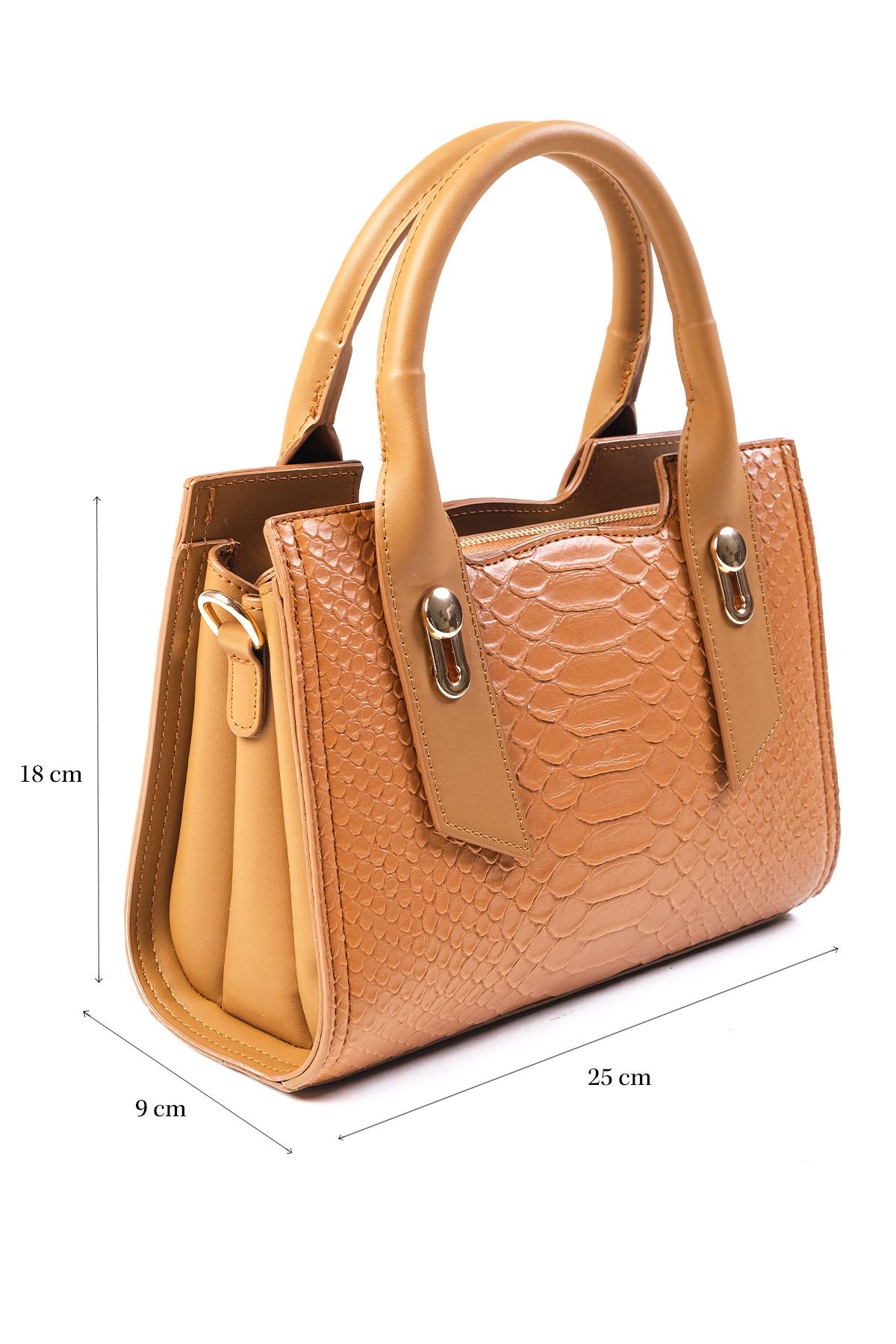 Taba Renk Krokodil Baskılı El Ve Omuz Çantası